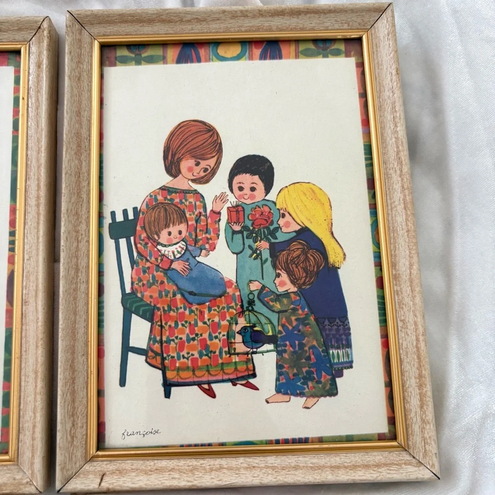 Vintage 70s colorful set of 3 art work print in wood frames mother child